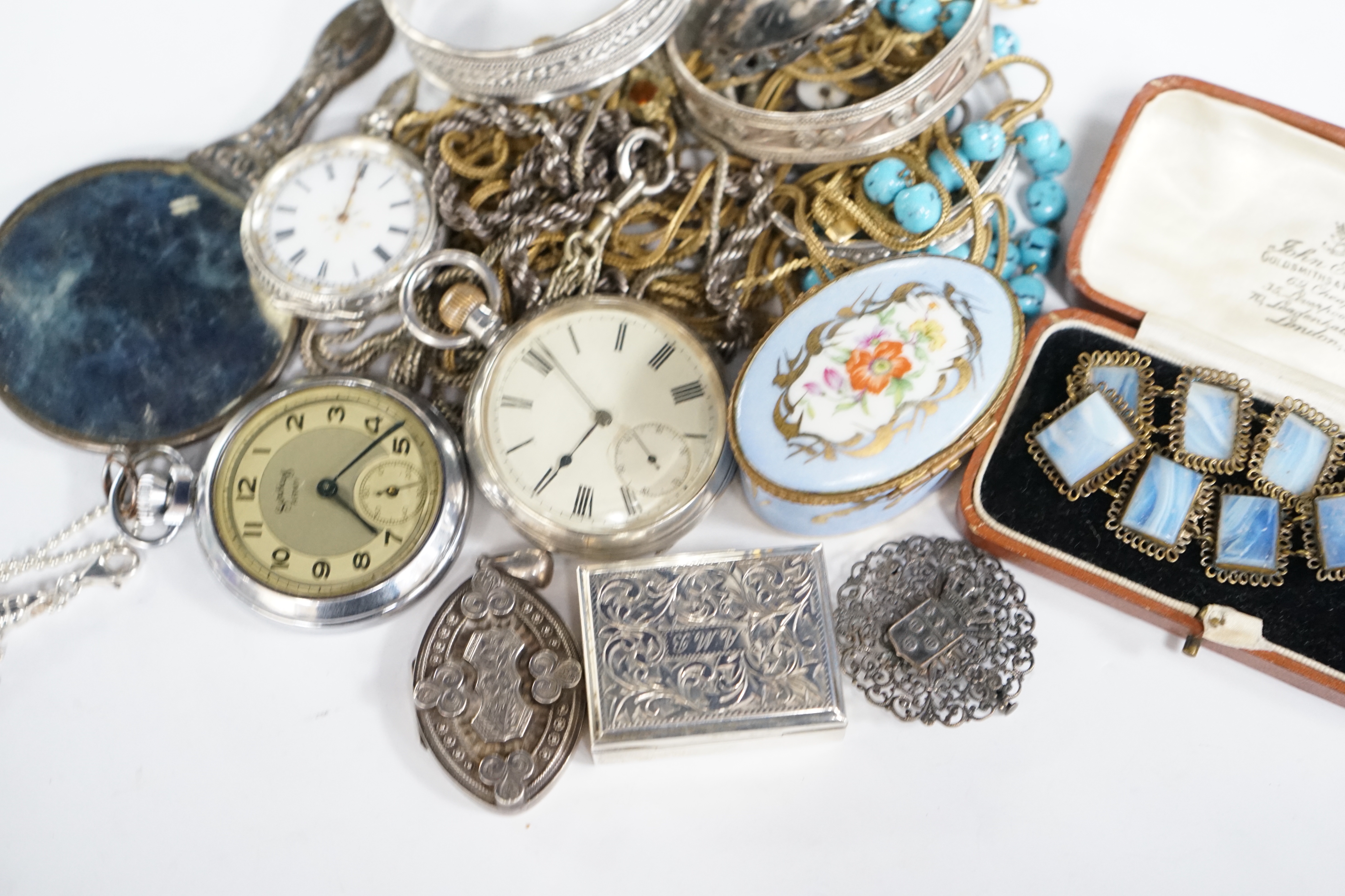 A quantity of assorted jewellery including a later Victorian silver locket and brooch, Italian 925 bracelet, chains, thimble, bangle, etc. together with a 935 white metal fob watch, a silver pocket watch and an Elgin gol